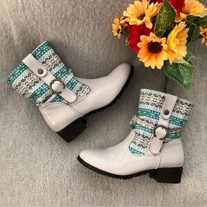 NWT - Gray Patent & Turquoise Patterned Ankle Boots